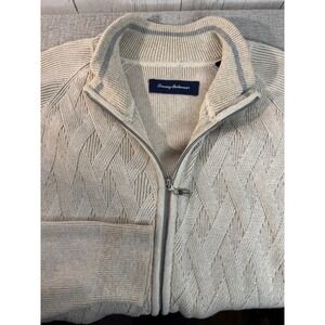 Tommy Bahama Mens XL Beige Cotton Diamond Cable Knit Full Zip Cardigan Sweater